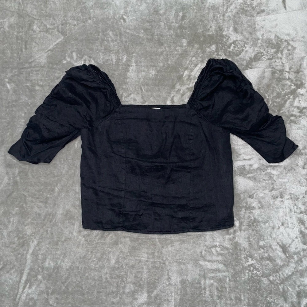 Rachel Zoe 100% Linen Black Puffed Sleeve Blouse Square Neck Size Large